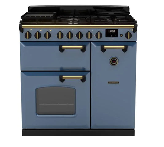Rangemaster Classic Deluxe 90 Dual Fuel Stone Blue with Antique Brass Trim | CLDL90DFPSTB/AB1