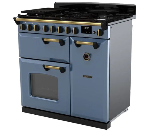 Rangemaster Classic Deluxe 90 Dual Fuel Stone Blue with Antique Brass Trim | CLDL90DFPSTB/AB1