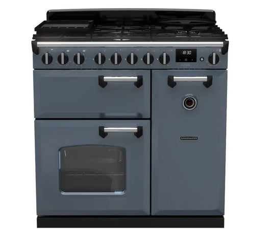 Rangemaster Classic Deluxe 90 Dual Fuel Stone Blue with Chrome Trim | CLDL90DFPSTB/CM1
