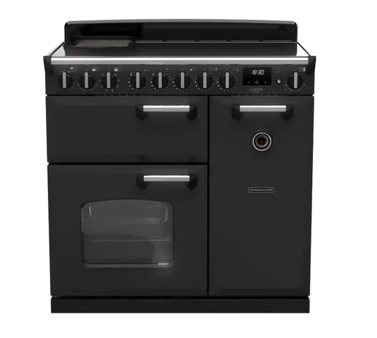 Rangemaster Classic Deluxe 90 Induction Charcoal Black with Chrome Trim | CLDL90EIPCBL/CM1