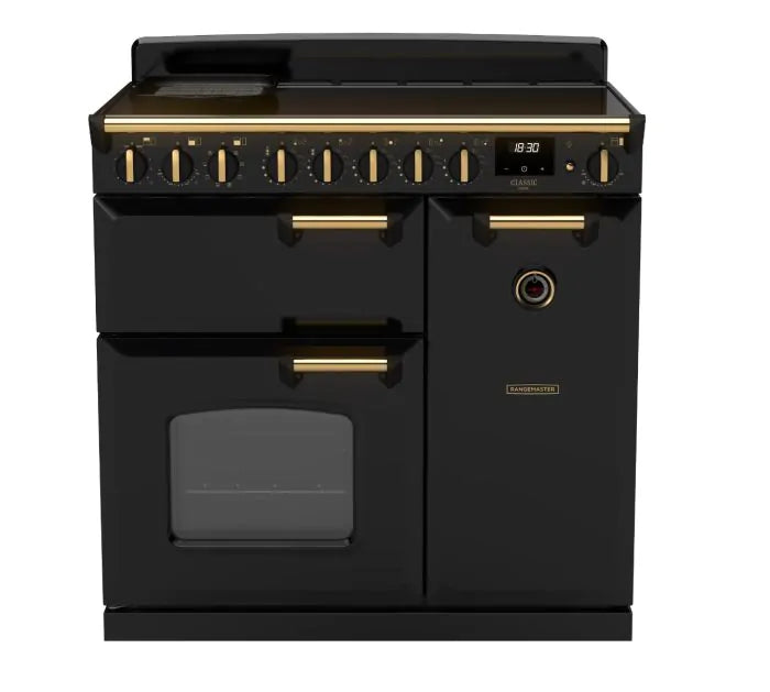 Завантажте зображення в засіб перегляду галереї, Rangemaster Classic Deluxe 90 Induction Black with Antique Brass Trim | CLDL90EIPGBL/AB1
