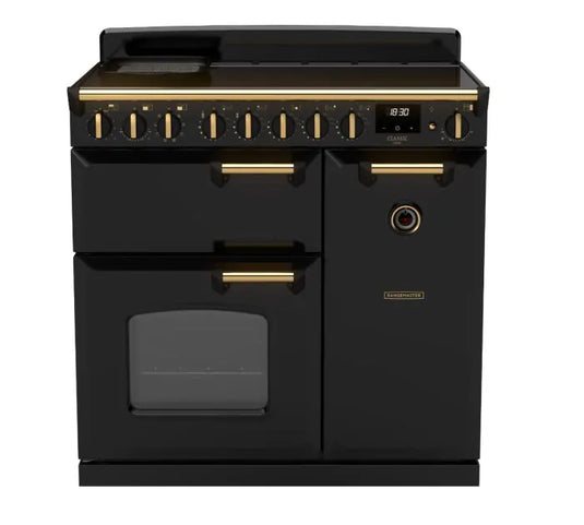 Rangemaster Classic Deluxe 90 Induction Black with Antique Brass Trim | CLDL90EIPGBL/AB1