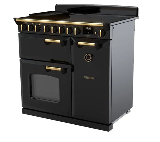 Rangemaster Classic Deluxe 90 Induction Black with Antique Brass Trim | CLDL90EIPGBL/AB1