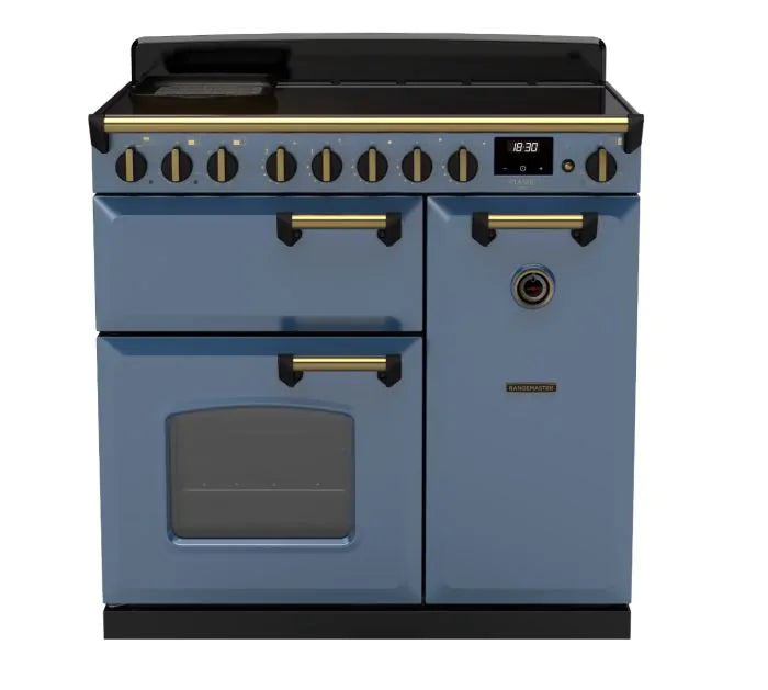 Завантажте зображення в засіб перегляду галереї, Rangemaster Classic Deluxe 90 Induction Stone Blue with Antique Brass Trim | CLDL90EIPSTB/AB1

