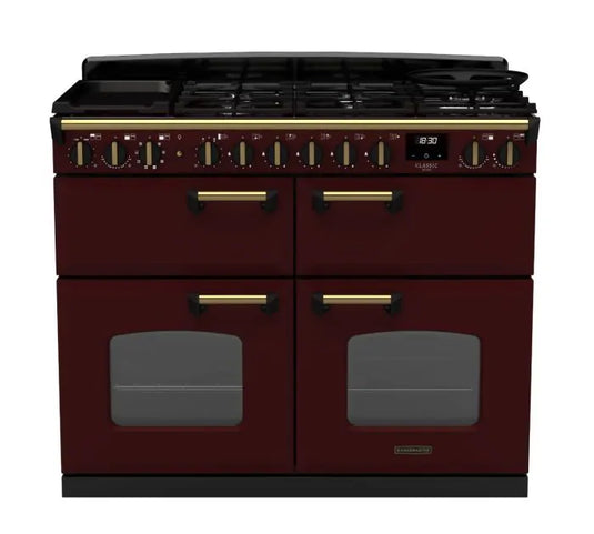 Rangemaster Classic Deluxe Bc 110 Dual Fuel Bordeaux with Antique Brass Trim | CLDLB110DFPBOR/AB1