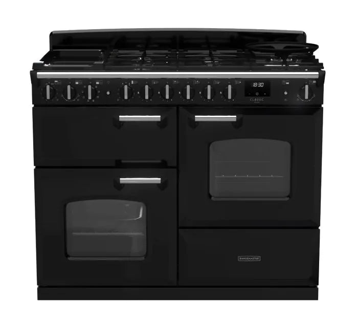 Load image into Gallery viewer, Rangemaster Classic Deluxe Oc 110 Dual Fuel Charcoal Black with Chrome Trim | CLDLO110DFPCBL/CM1
