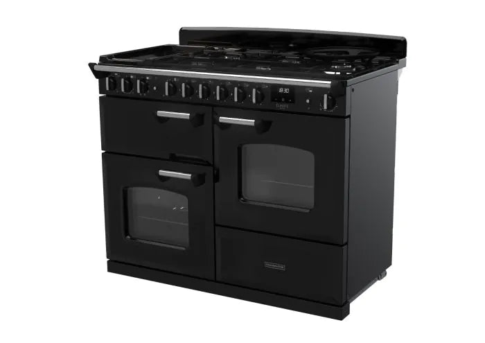 Load image into Gallery viewer, Rangemaster Classic Deluxe Oc 110 Dual Fuel Charcoal Black with Chrome Trim | CLDLO110DFPCBL/CM1
