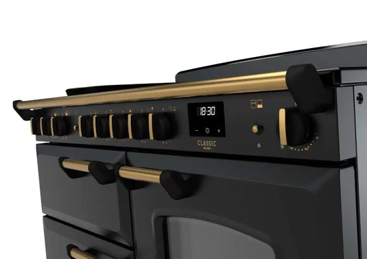 Rangemaster Classic Deluxe Oc 110 Induction Charcoal Black with Antique Brass Trim | CLDLO110EIPCBL/AB1