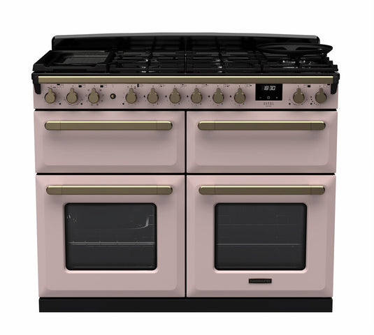 Rangemaster Estel Deluxe 110 Slow Oven | Dual Fuel | Pale Pink | Antique Brass Trim | ESDLB110DFPPPK/AB1