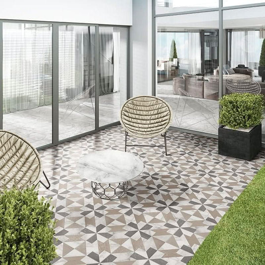 hermitage versailles natural tile 20x20cm displayed in an outdoor patio