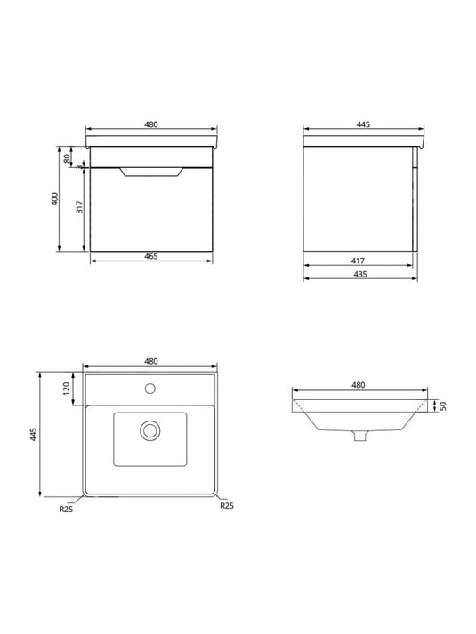 Sonas Freya Wall Hung 50Cm Single Drawer Vanity Unit | Matt White | Gold Handle | GWFRE501DRMW