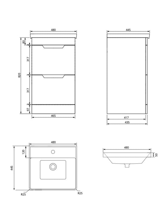 Sonas Freya Floorstanding 50Cm Two Drawer Vanity Unit | Matt Black | Chrome Handle | UF1145