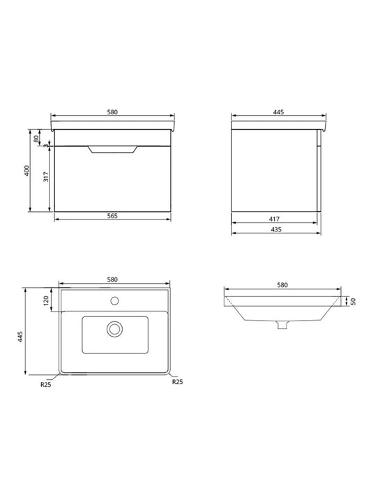 Sonas Freya Wall Hung 60Cm Single Drawer Vanity Unit | Matt Black | Gold Handle | UF1135