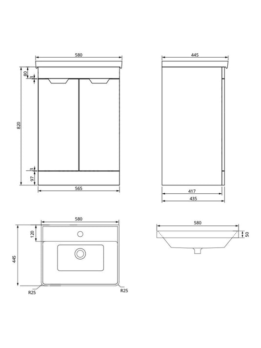 Sonas Freya Floorstanding 60Cm Two Door Vanity Unit | Matt Black | Gold Handle | UF1153