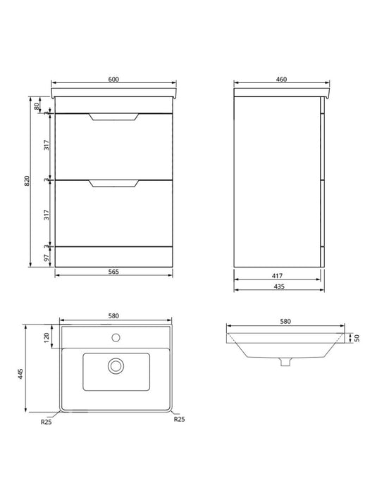 Sonas Freya Floorstanding 60Cm Two Drawer Vanity Unit | Matt Black | Chrome Handle | UF1148