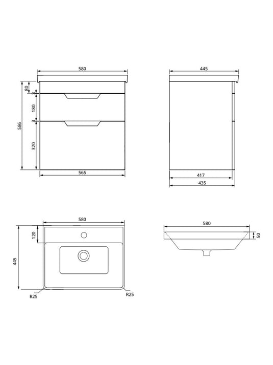 Sonas Freya Wall Hung 60Cm Two Drawer Vanity Unit | Matt Black | Matt Black Handle | UF1137