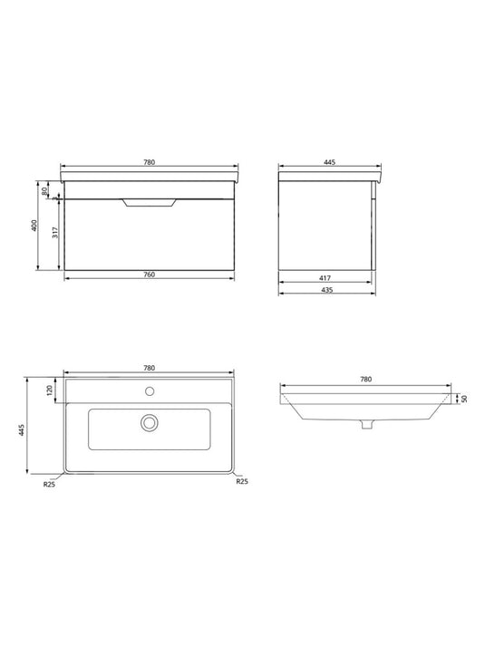 Sonas Freya Wall Hung 80Cm Single Drawer Vanity Unit | Matt Black | Matt Black Handle | UF1140