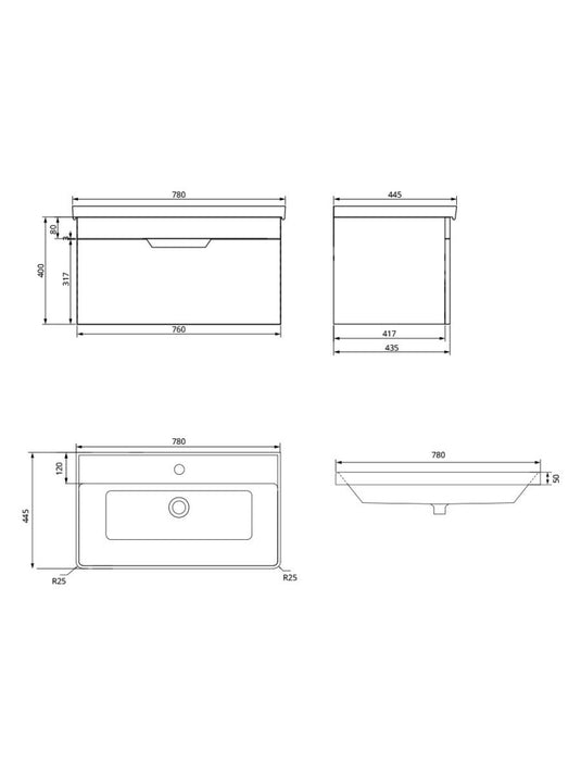 Sonas Freya Wall Hung 80Cm Single Drawer Vanity Unit | Matt Black | Chrome Handle | UF1139