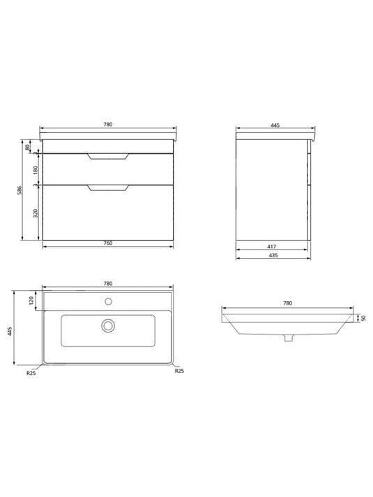 Sonas Freya Wall Hung 80Cm Two Drawer Vanity Unit | Matt Black | Matt Black Handle | UF1143