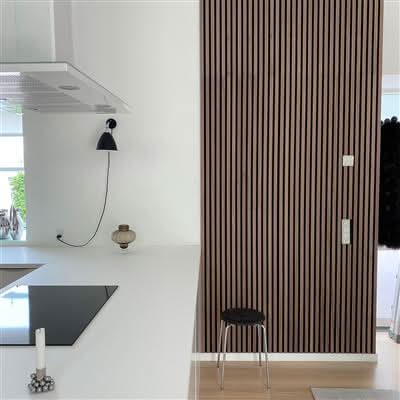 fibrotech acoustic panel in walnut on display in kitchen