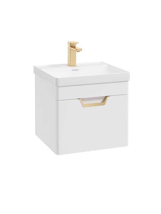 Sonas Freya Wall Hung 50Cm Single Drawer Vanity Unit | Matt White | Gold Handle | GWFRE501DRMW