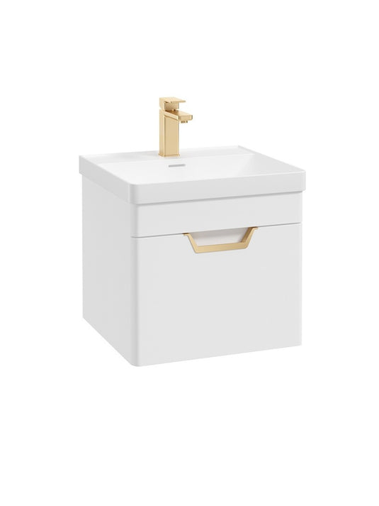 Sonas Freya Wall Hung 50Cm Single Drawer Vanity Unit | Matt White | Gold Handle | GWFRE501DRMW
