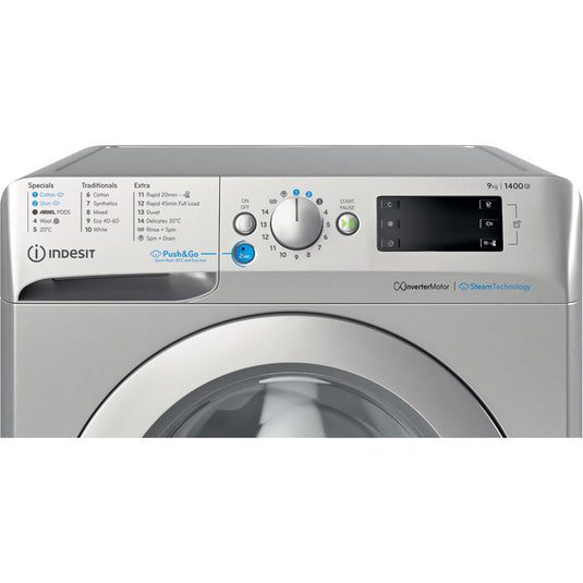 Indesit Steam Push&Go Washing Machine | SILVER | 9kg | 1400rpm | A Rated | BWE 91496X SV UK