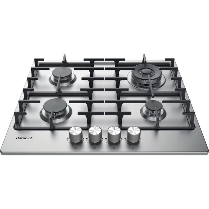 Hotpoint Flame Control Gas On Metal Hob | Stainless Steel | Cast Iron Supports | 4 Burners with Wok Burner and 9 Levels | PPH60GDFIXUK