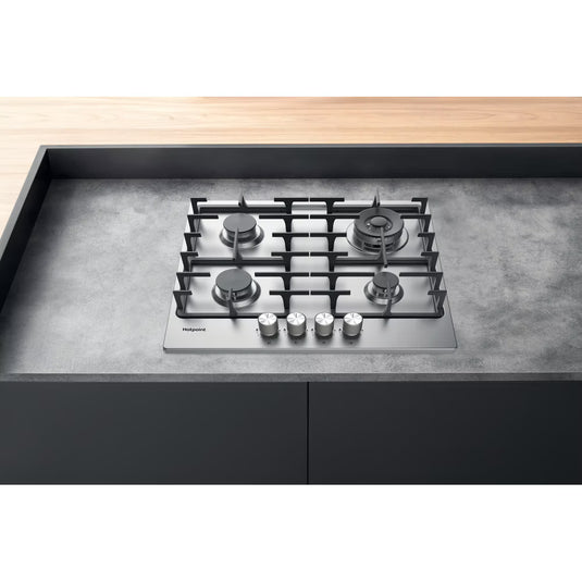Hotpoint Flame Control Gas On Metal Hob | Stainless Steel | Cast Iron Supports | 4 Burners with Wok Burner and 9 Levels | PPH60GDFIXUK