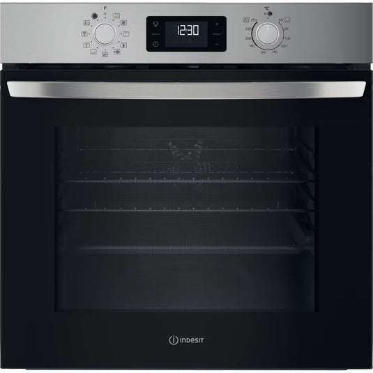 Indesit Turn&go Single Fan Oven | Eco Cleaning | Multifunction 8 | 71l with 2 Dial | Digital Display Timer | A | Stainless Steel | IO258HX