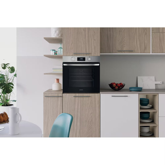 Indesit Turn&go Single Fan Oven | Eco Cleaning | Multifunction 8 | 71l with 2 Dial | Digital Display Timer | A | Stainless Steel | IO258HX