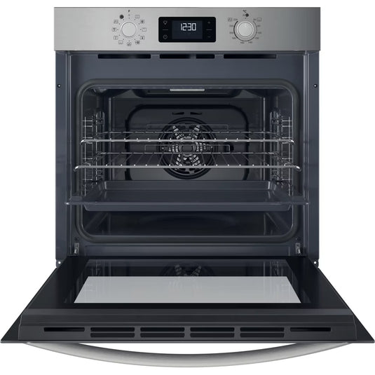 Indesit Turn&go Single Fan Oven | Eco Cleaning | Multifunction 8 | 71l with 2 Dial | Digital Display Timer | A | Stainless Steel | IO258HX