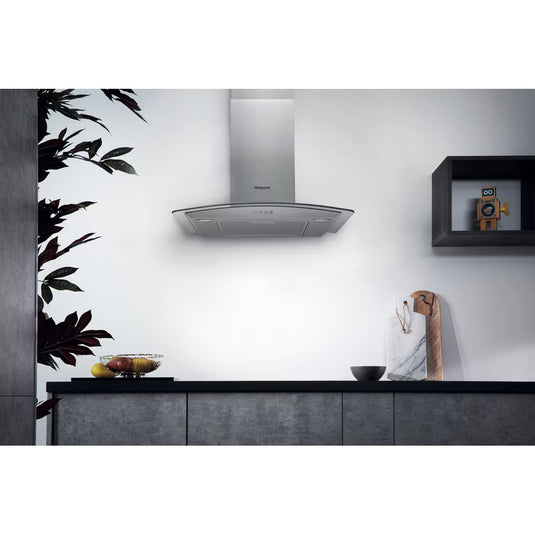 Whirlpool 60cm Curved Glass Hood | Button Control | Stainless Steel with Dishwashable Aluminium Grease Filter | 57 / 65 Db | PHGC64FLMX