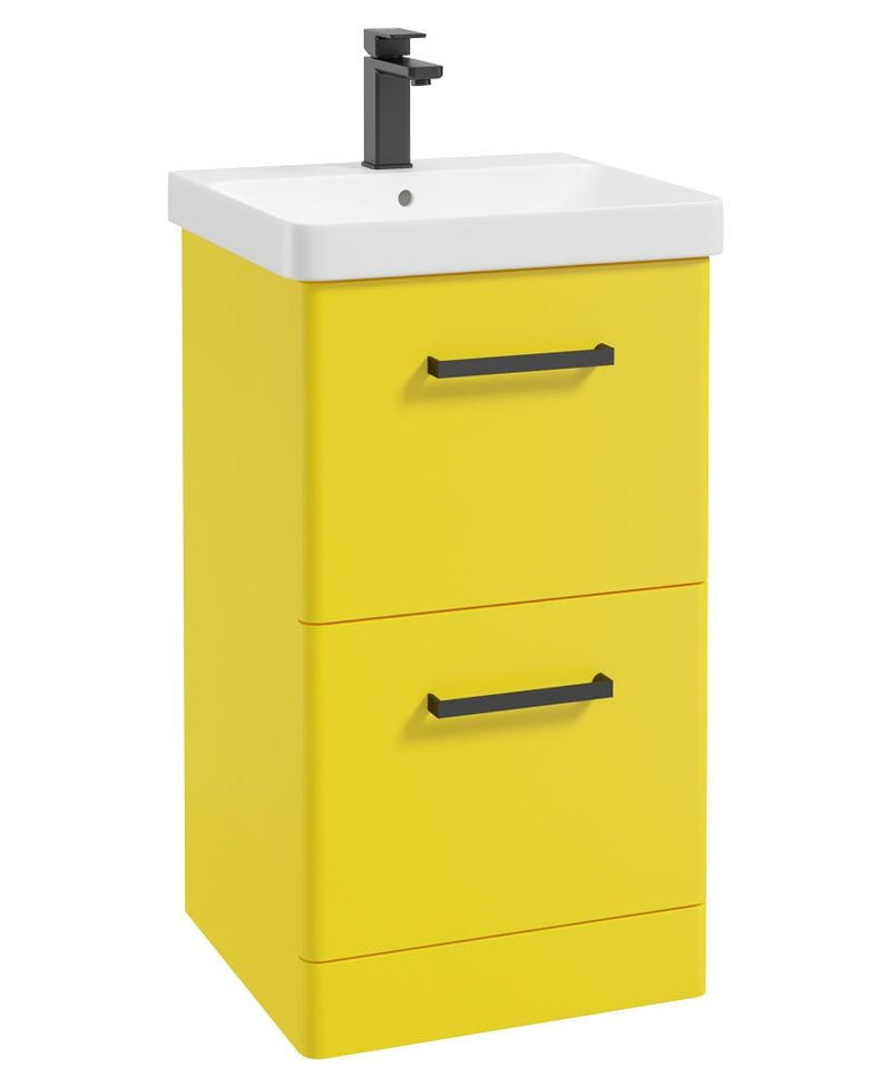 Załaduj obraz do przeglądarki galerii, KORA Floorstanding 50cm Two Drawer Vanity Unit Matt Sun-Kissed Yellow-Black Handle
