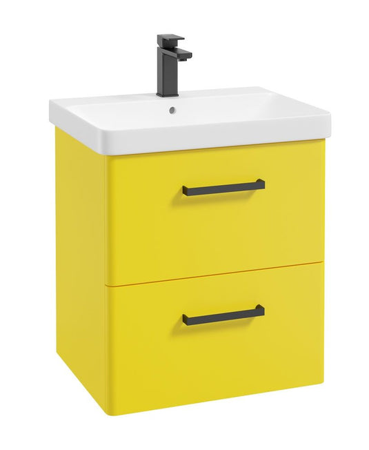 KORA Wall Hung 60cm Two Drawer Vanity Unit Matt Sun-Kissed Yellow-Black Handle