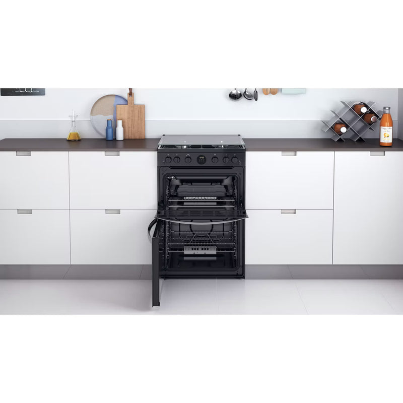 Załaduj obraz do przeglądarki galerii, Indesit 60cm Gas Double Oven Cooker | Black | Digital Display | Click&amp;Clean | Catalytic Liners | A+ Rated  | ID67G0MCBUK

