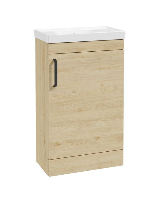 Corta  Floorstanding 50cm Single Door Compact Vanity Unit Honey Oak-Black Hand