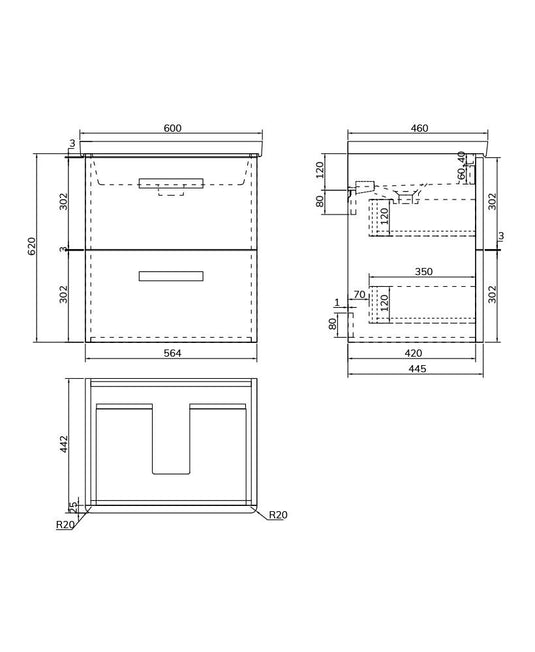 KORA Wall Hung 60cm Two Drawer Vanity Unit Gloss White-Chrome Handle