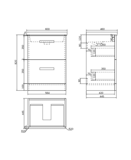 KORA Floorstanding 60cm Two Drawer Vanity Unit Gloss White-Black Handle