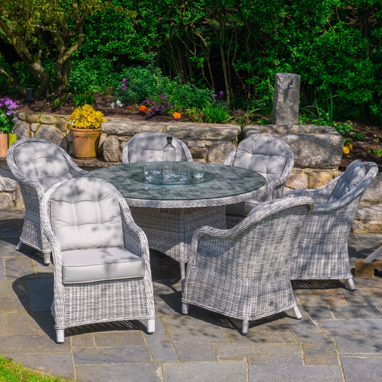 light grey 6 seater set with glass topped round table & lazy susan