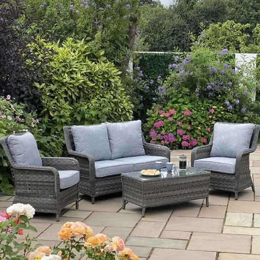 dark grey 2 seater coffee set with glass topped coffee table