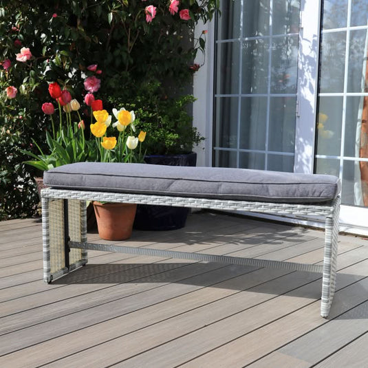 light grey bench with dark grey cushion