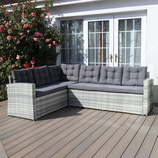 light grey corner sofa with dark grey back and base cushions