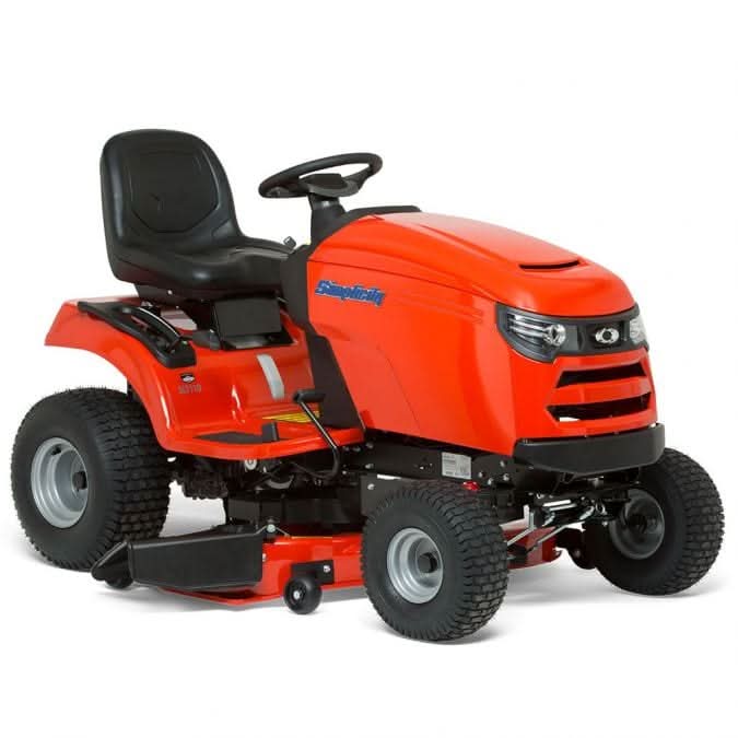 simplicity regent ride on lawnmower in black and orange, with side discharge, 42