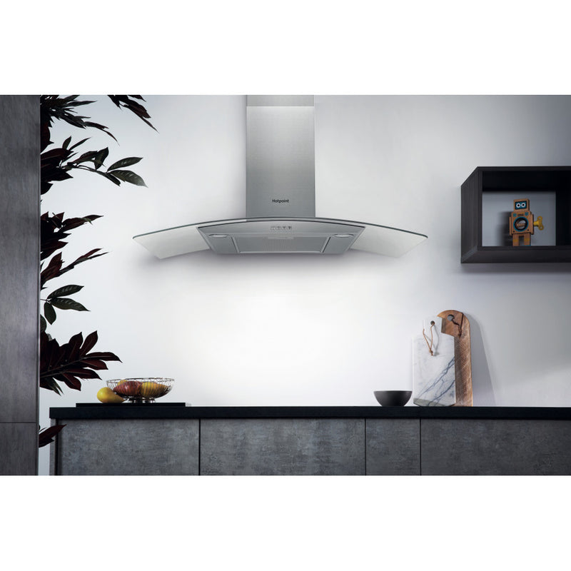 Załaduj obraz do przeglądarki galerii, Hotpoint Wall-Mounted Curved Glass Cooker Hood | Filters Included | Stainless Steel | 90cm | PHGC9.4FLMX
