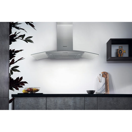 Hotpoint Wall-Mounted Curved Glass Cooker Hood | Filters Included | Stainless Steel | 90cm | PHGC9.4FLMX