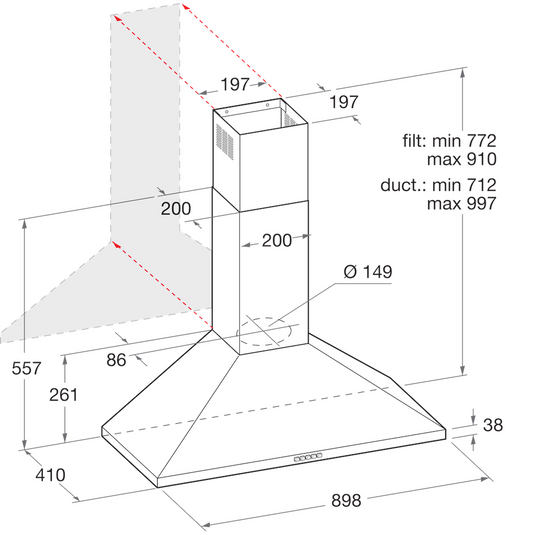 Hotpoint Wall-Mounted Pyramid Cooker Hood | Stainless Steel | Filters Included | 90cm | D Rated | PHPN9.5FLMX/1
