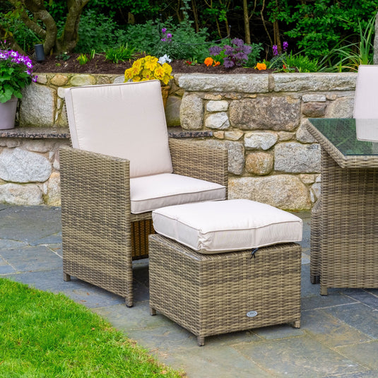 natural chair with white back and base cushions & natural stool with white cushion