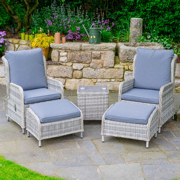 light grey deluxe coffee set with dark grey cushions, 2 chairs, 2 footstools and 1 coffee table
