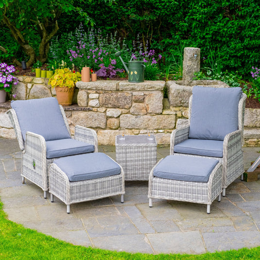 light grey deluxe coffee set with dark grey cushions, 2 chairs, 2 footstools and 1 coffee table